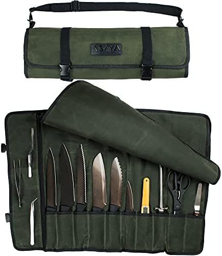 asaya canvas chef knife roll bag - 10 knife slots durable knives not included