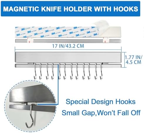 17-Inch No Drill Magnetic Knife Holder with 12 Hooks