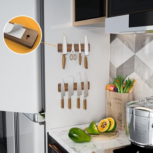 Acacia Wood Magnetic Knife Strip for Wall - No Drill Installation