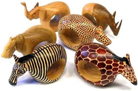 Global Crafts Mahogany Wood Animal Napkin Rings - Set of Six