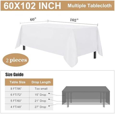 Sancua 2-Piece White Tablecloth 5ft x 8ft Stain Wrinkle Resistant