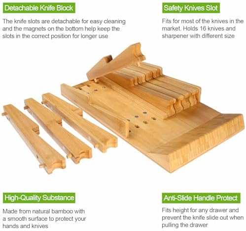 BBAMKnife Organizer with Sharpener Detachable Bamboo Knife Block for 16 Knives