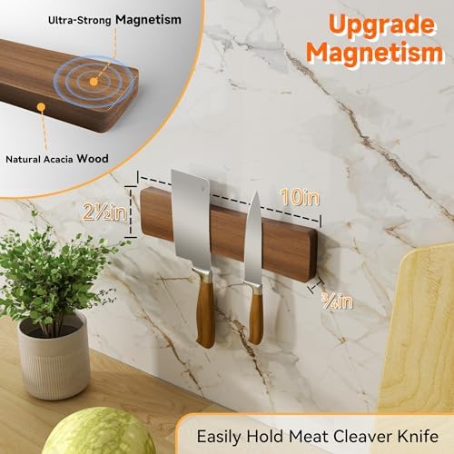 Acacia Wood Magnetic Knife Strip for Wall - No Drill Installation