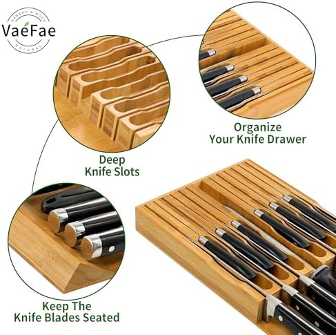 VaeFae Bamboo Knife Organizer for 12 Knives With Sharpener