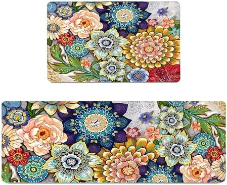 Boho Floral Kitchen Rugs Mat 2-Pack