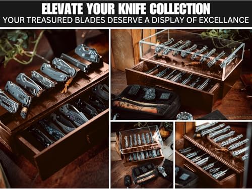 16-Blade Pocket Knife Display Case - Solid Wood Removable Drawer EDCibling - Brown