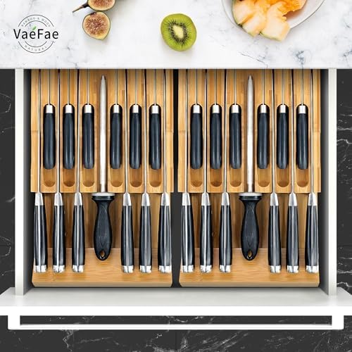 VaeFae Bamboo Knife Organizer for 12 Knives With Sharpener