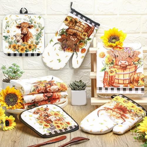 VitalCozy 8-Piece Summer Kitchen Set - Sunflower Cow Pot Holders Oven Mitts