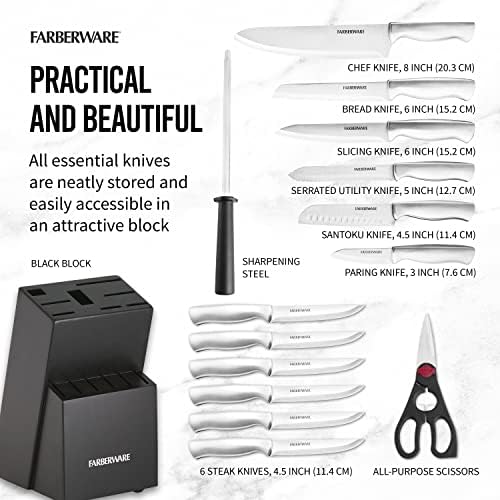 Farberware 15-Piece Stamped Stainless Steel Knife Set with Precision Cuts