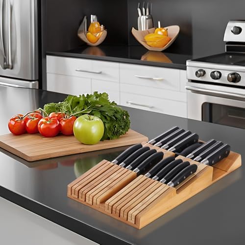 BBAMKnife Organizer with Sharpener Detachable Bamboo Knife Block for 16 Knives