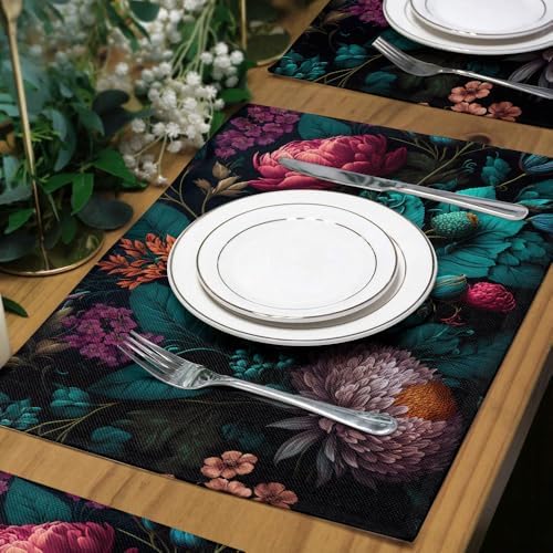 Redamancy 12x18 Dark Red Pink Peony Floral Place Mat Set of 4