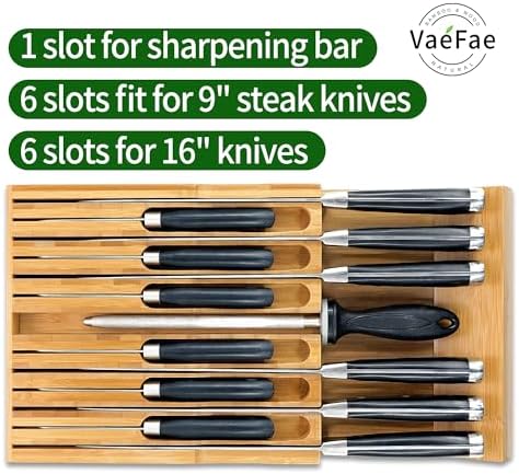 VaeFae Bamboo Knife Organizer for 12 Knives With Sharpener