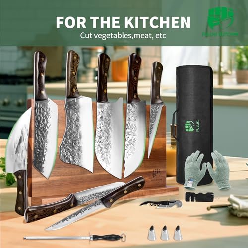 FULLHI 15PCS Chef Butcher Knife Set with Magnetic Holder
