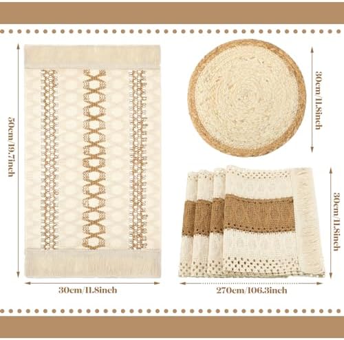 Boho Table Runner Set with Placemats Napkin Rings for Farmhouse Dining