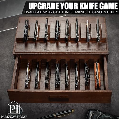 16-Blade Pocket Knife Display Case - Solid Wood Removable Drawer EDCibling - Brown