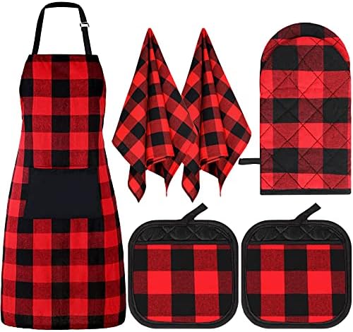 SA Xinior 6-Piece Buff Plaid Apron Set for Kitchen Use