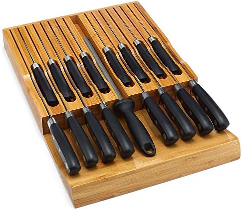 Premium Bamboo Knife Block Kitchen Organizer for 16 Knives Sharpener