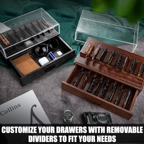 16-Blade Pocket Knife Display Case - Solid Wood Removable Drawer EDCibling - Brown