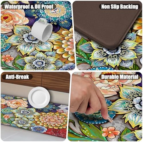 Boho Floral Kitchen Rugs Mat 2-Pack