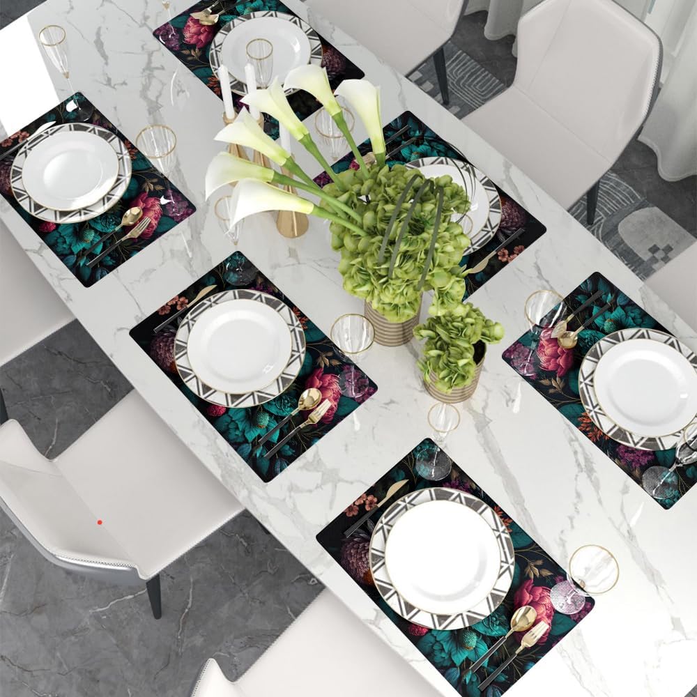 Redamancy 12x18 Dark Red Pink Peony Floral Place Mat Set of 4
