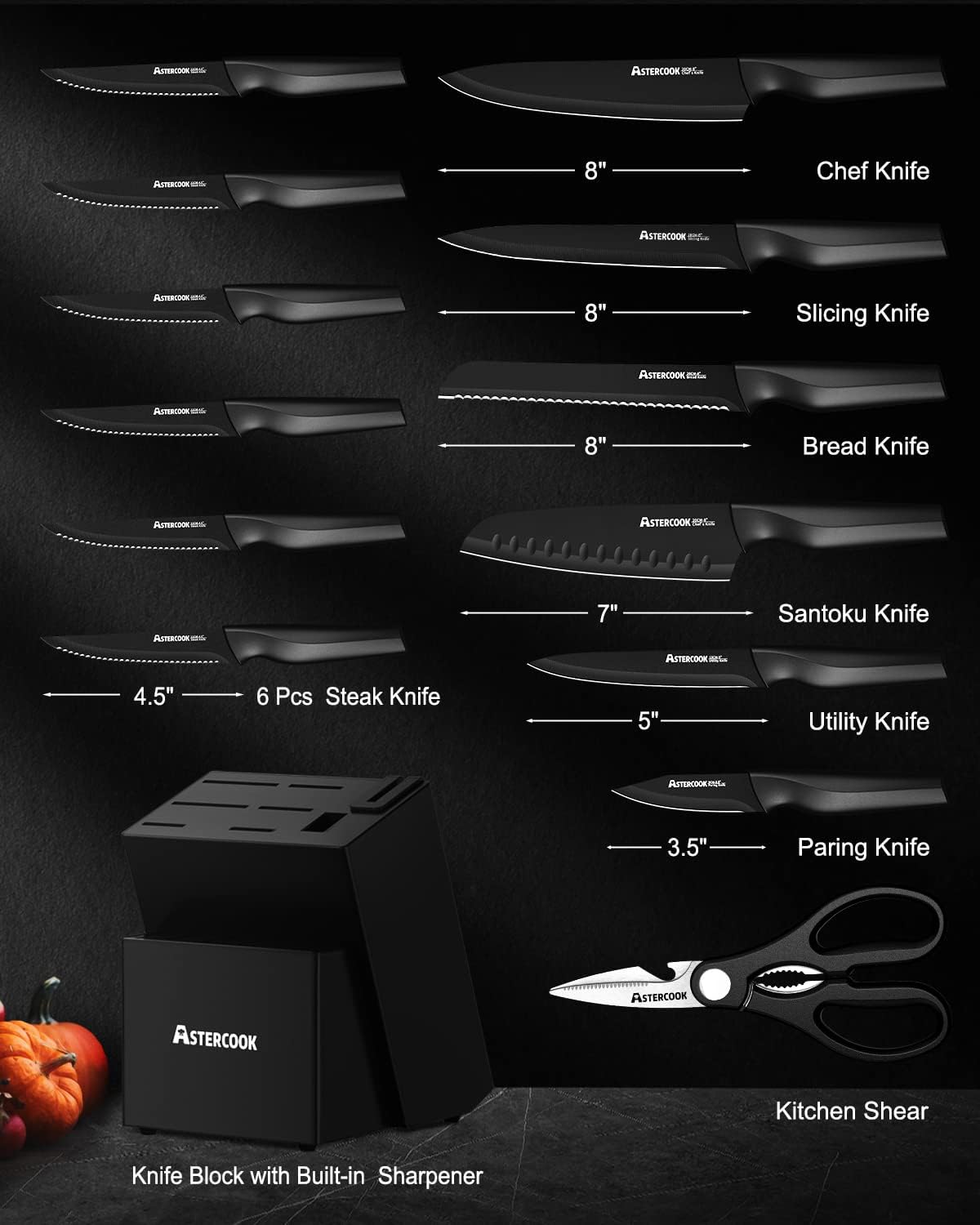 Astercook Knives with Sharpener Set