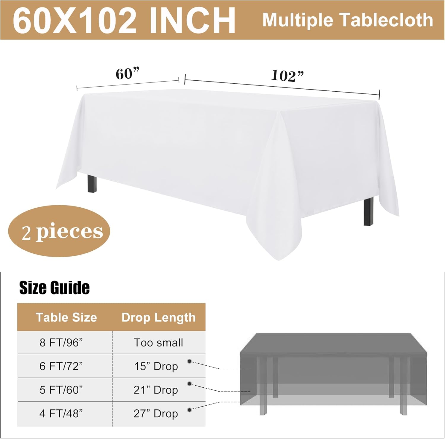 Sancua 2-Piece White Tablecloth 5ft x 8ft Stain Wrinkle Resistant