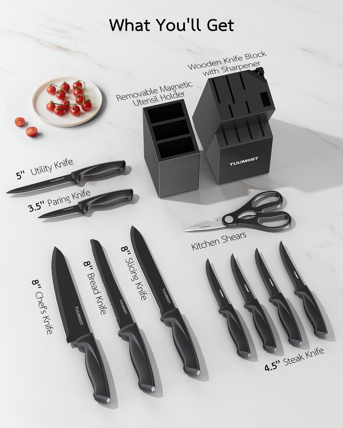 TUUMIIST 32-Piece Knife Set with Block and Magnetic Holder