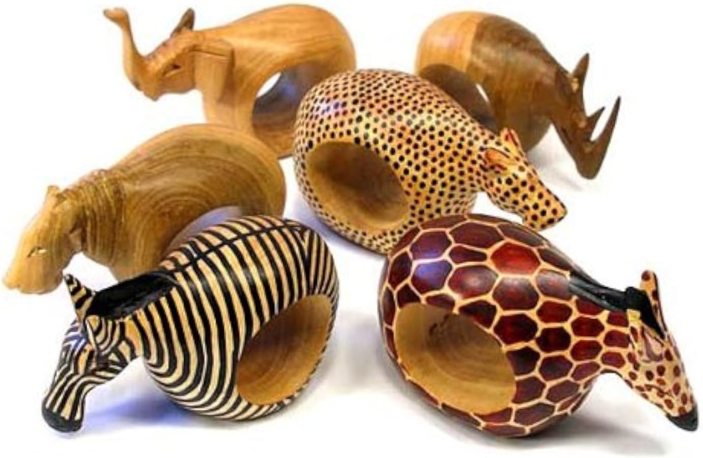 Global Crafts Mahogany Wood Animal Napkin Rings - Set of Six