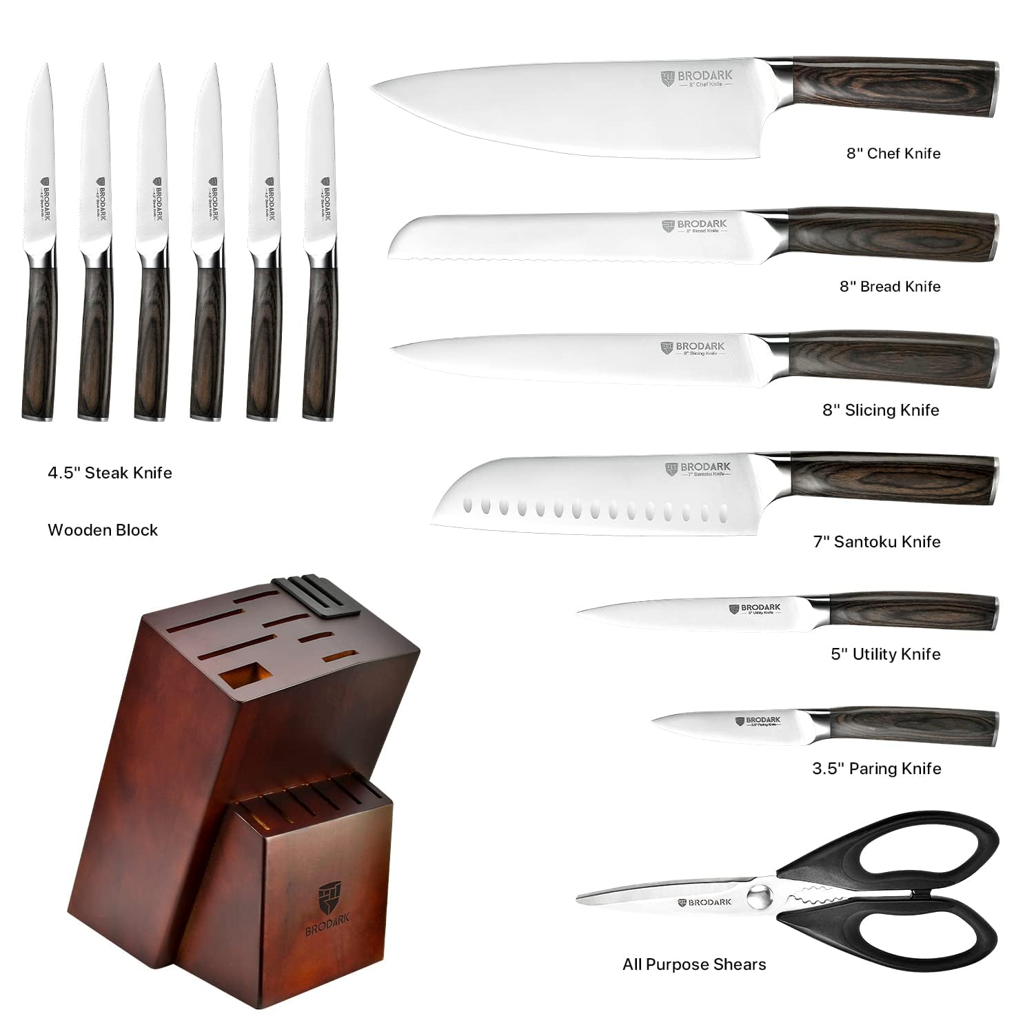 15-Piece knives set with German steel and ergonomic handles