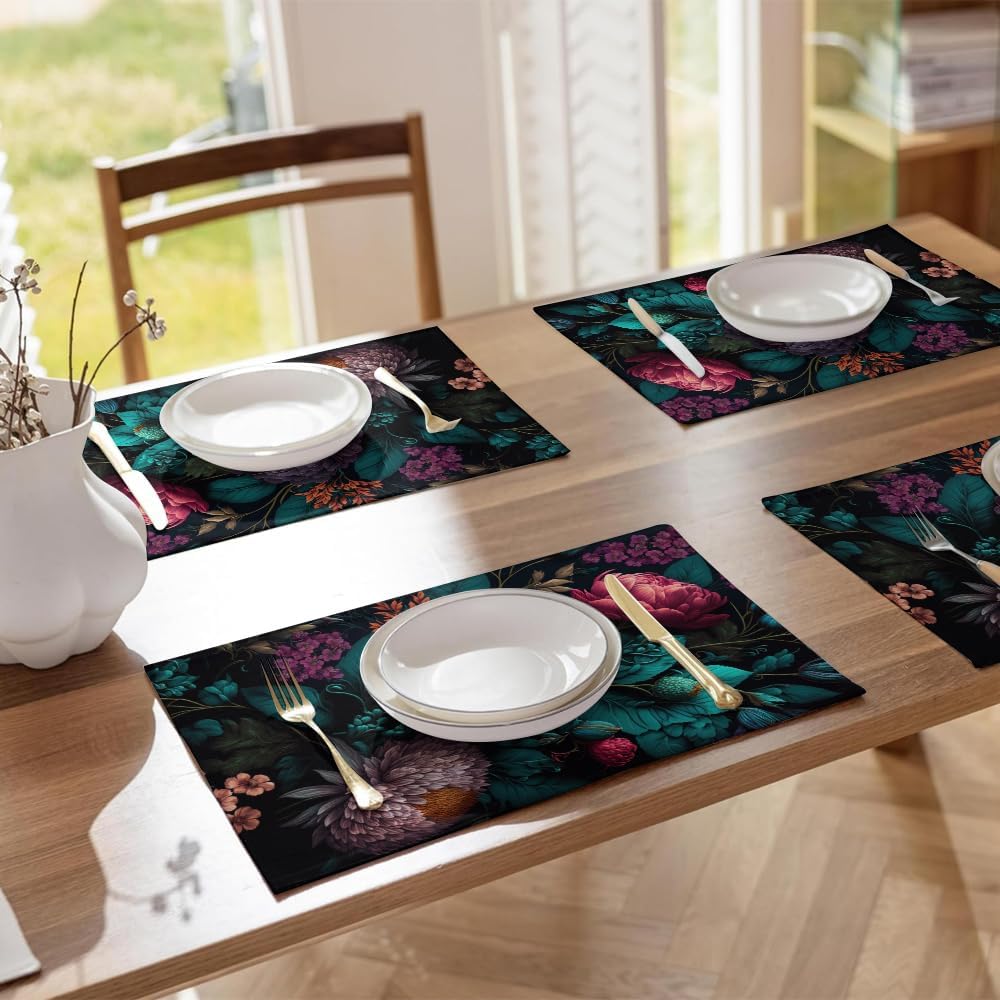 Redamancy 12x18 Dark Red Pink Peony Floral Place Mat Set of 4