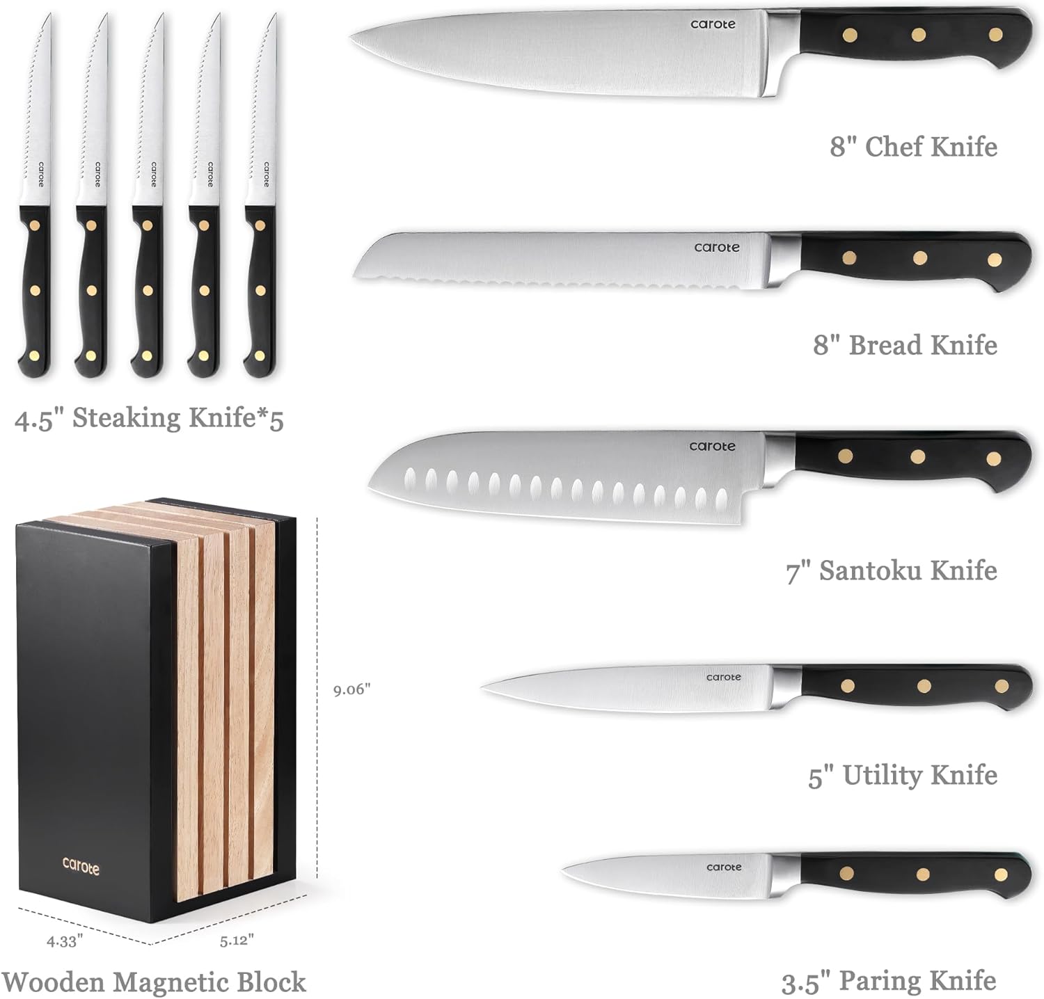 CAROTE 11PCS Knives Set razor-sharp stainless steel ergonomically designed kitchen tools