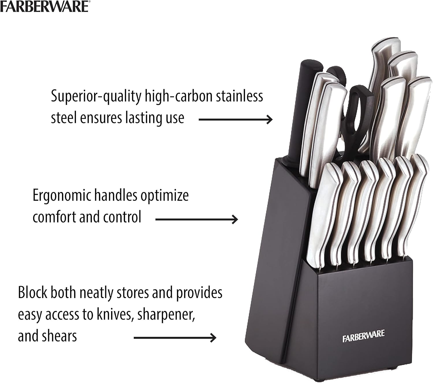 Farberware 15-Piece Stamped Stainless Steel Knife Set with Precision Cuts