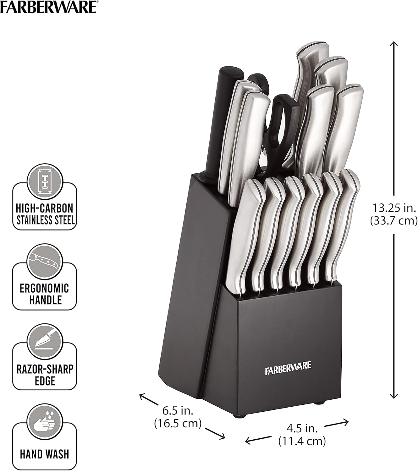 Farberware 15-Piece Stamped Stainless Steel Knife Set with Precision Cuts