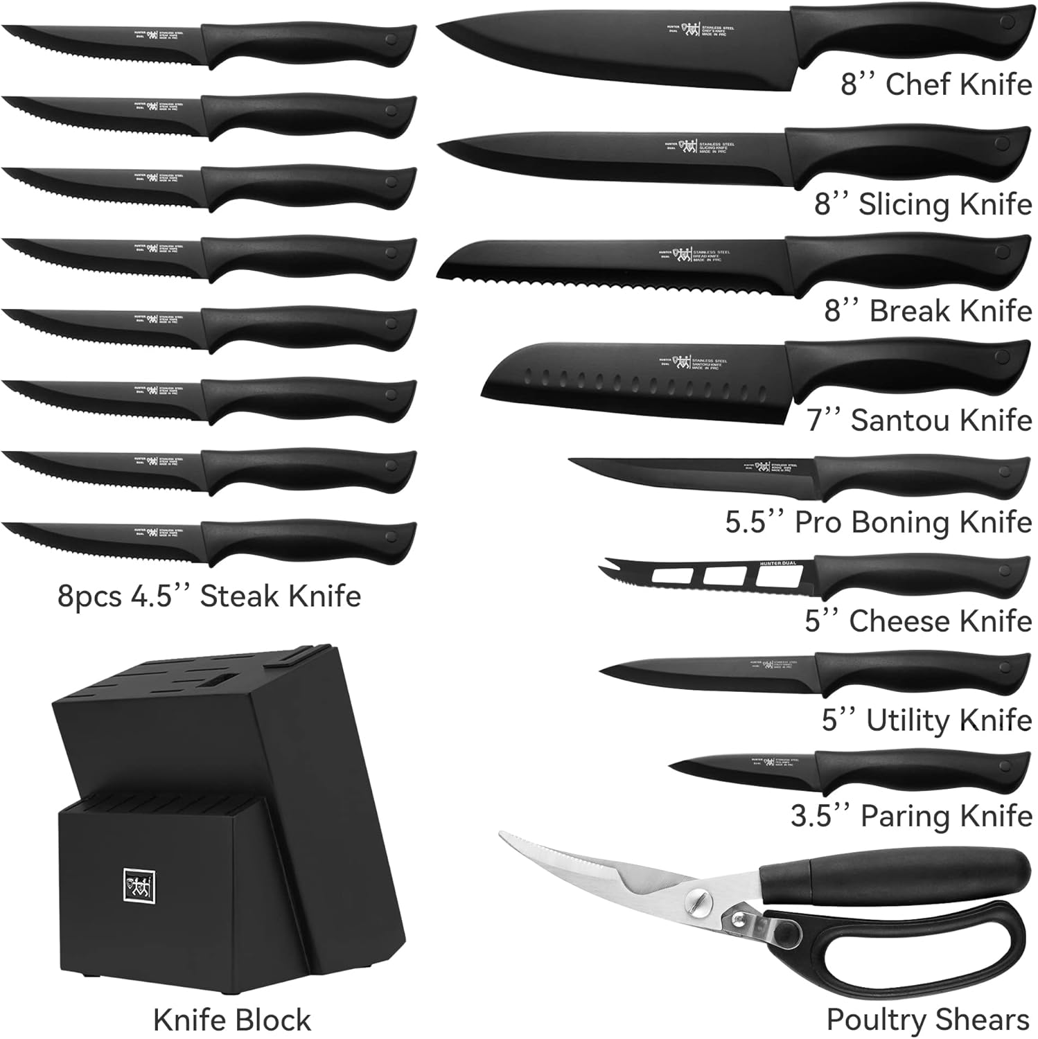 HUNTERDUAL 19-Piece Knife Set Sharp Durable Easy to Clean