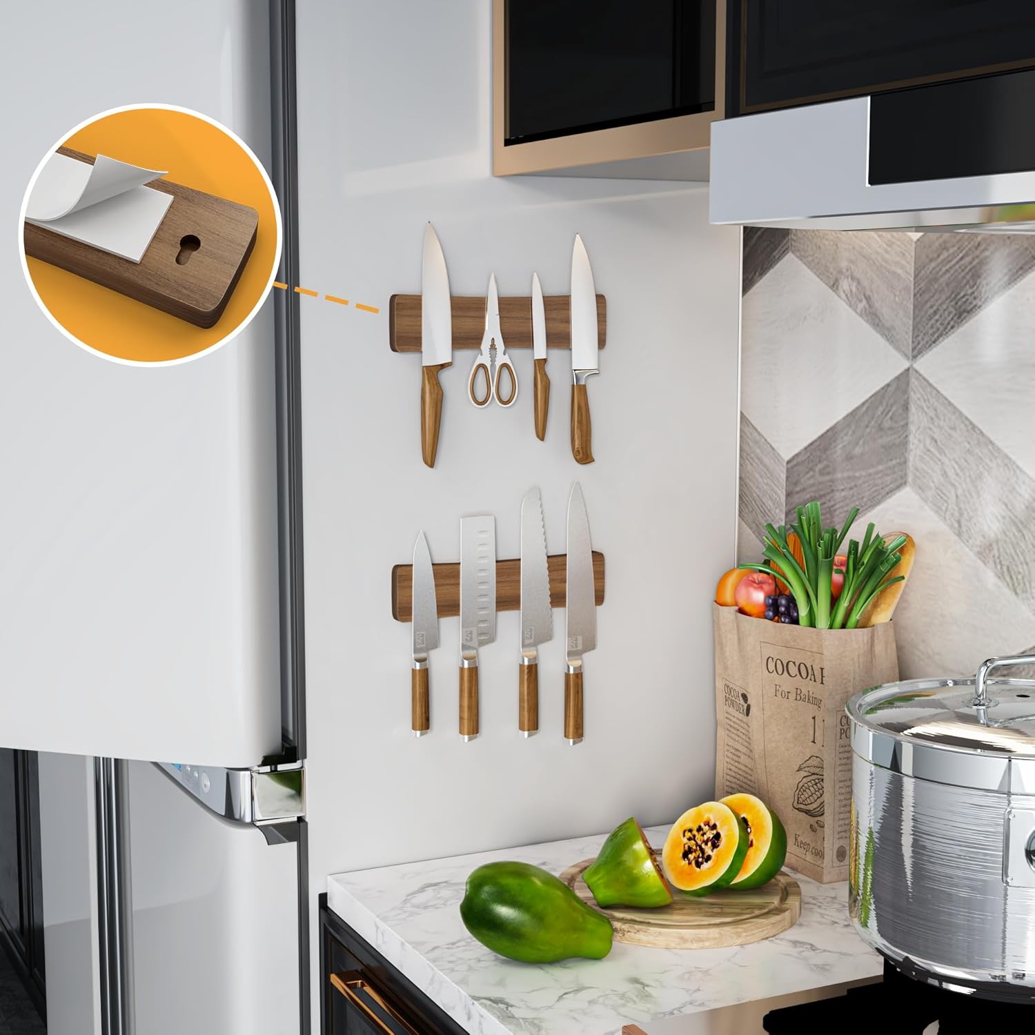 Acacia Wood Magnetic Knife Strip for Wall - No Drill Installation