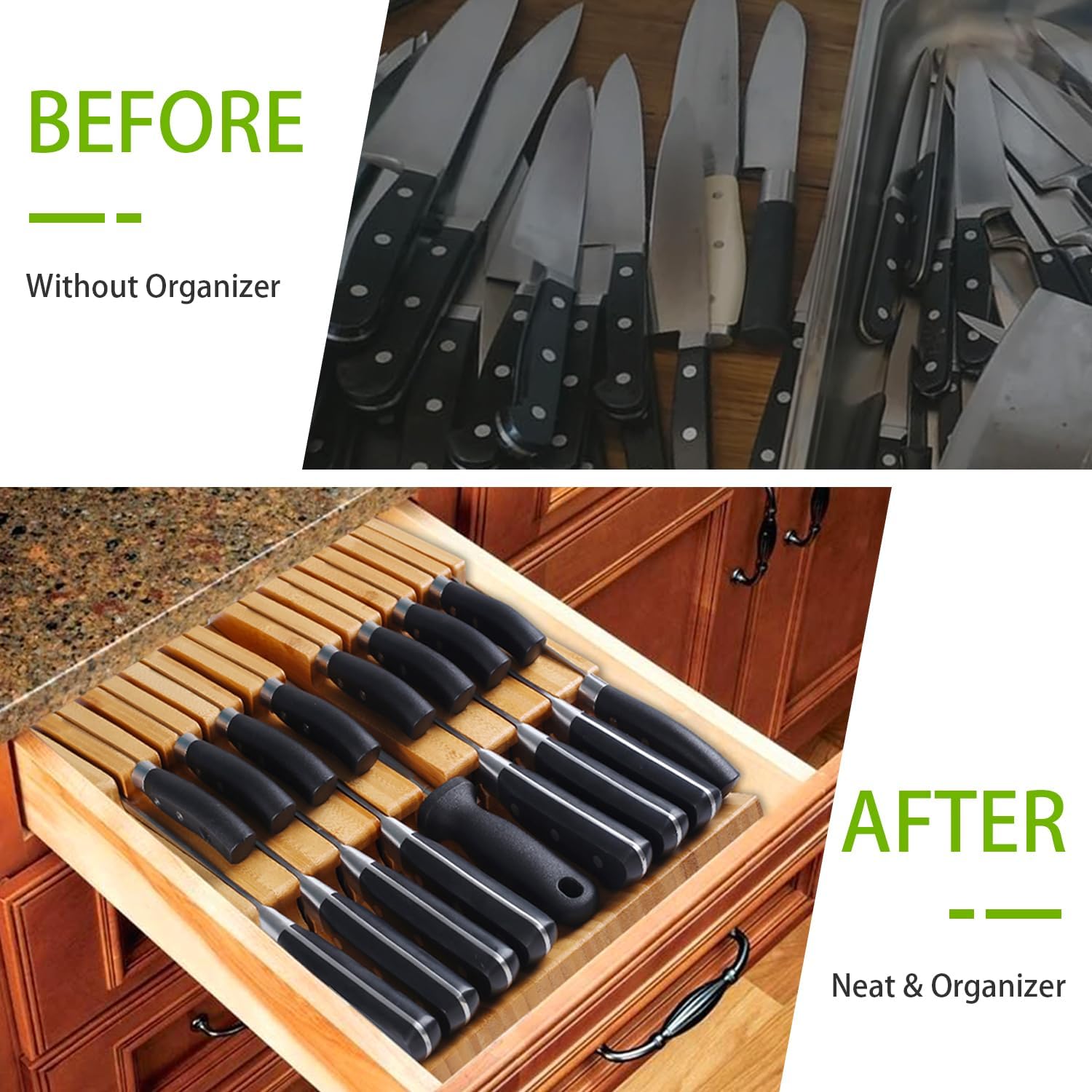 BBAMKnife Organizer with Sharpener Detachable Bamboo Knife Block for 16 Knives