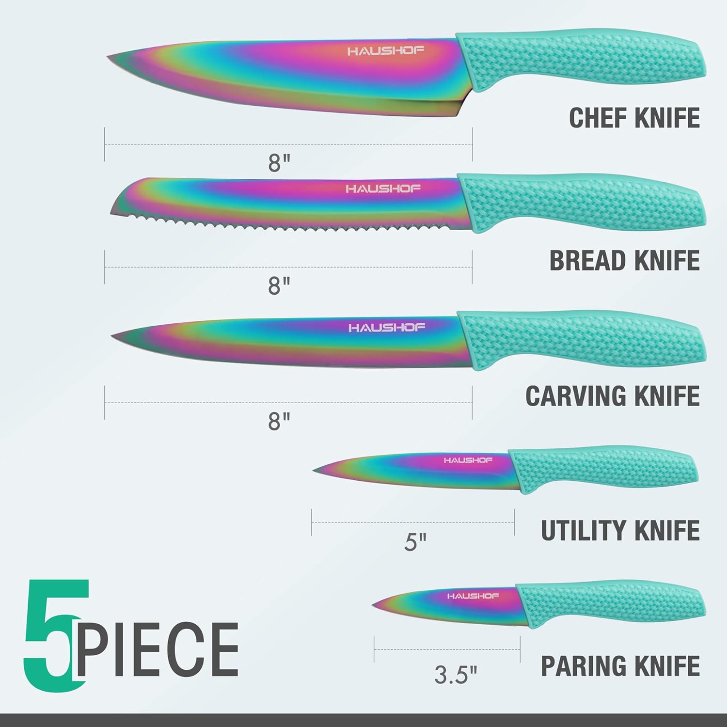 HAUSHOF 5 Piece Rainbow Knife Set with Acrylic Block