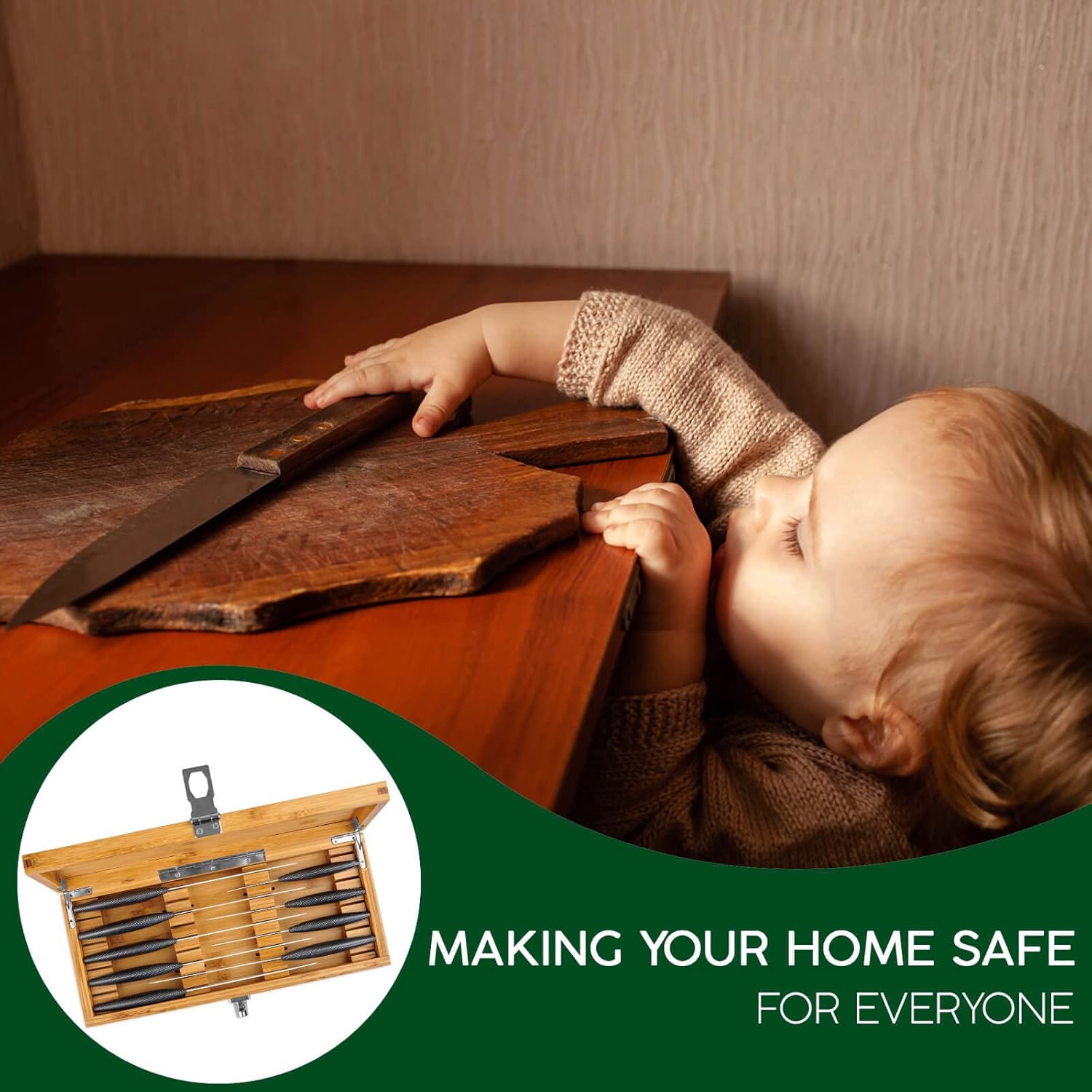 Bamboo Kitchen Knife Holder Lock Box for Kids Safe Durable