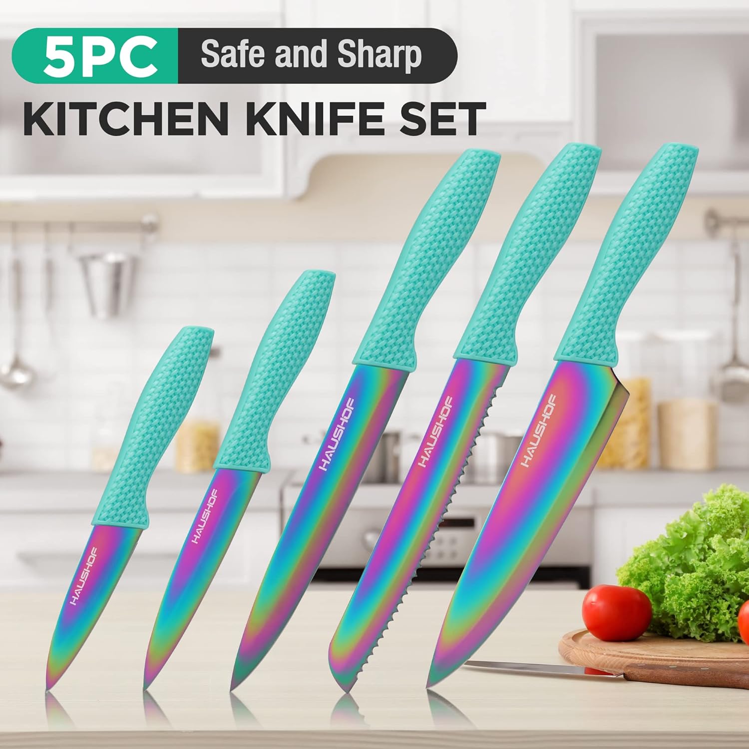 HAUSHOF 5 Piece Rainbow Knife Set with Acrylic Block