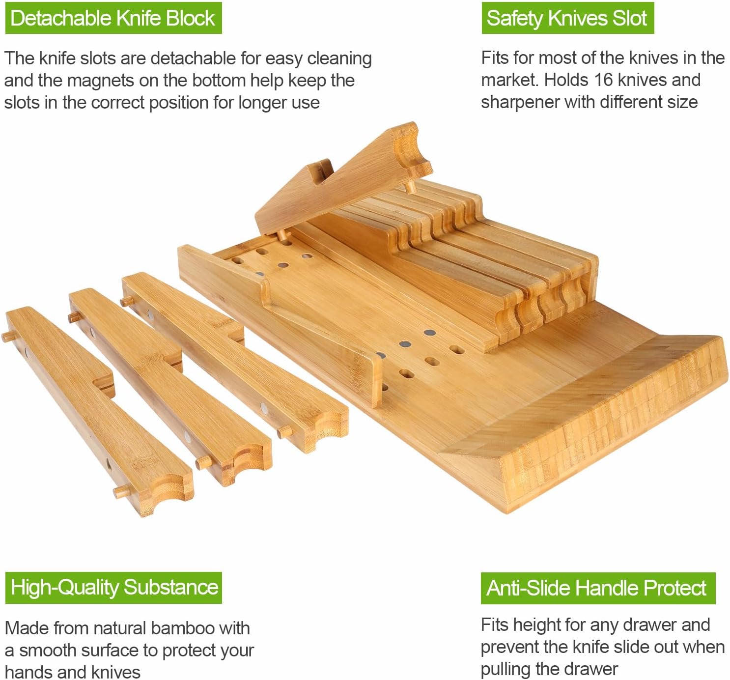 BBAMKnife Organizer with Sharpener Detachable Bamboo Knife Block for 16 Knives