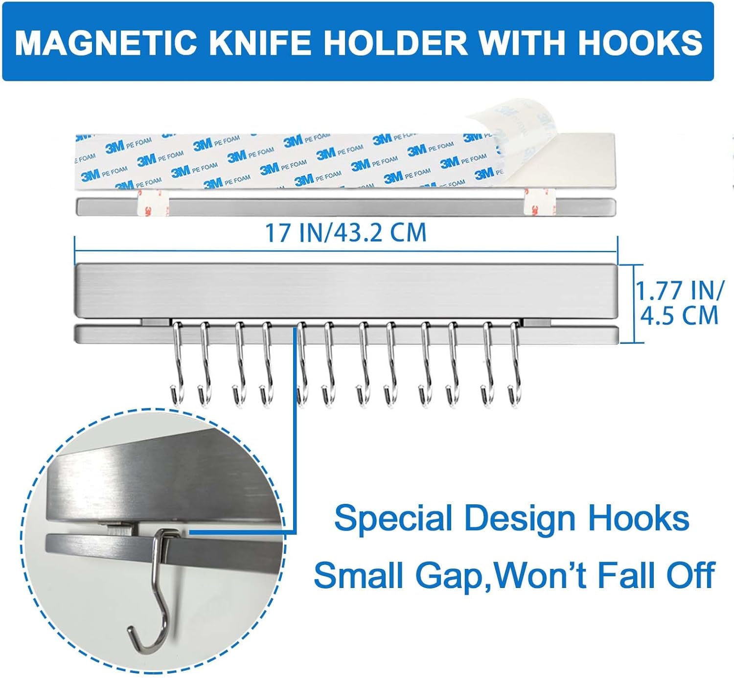 17-Inch No Drill Magnetic Knife Holder with 12 Hooks