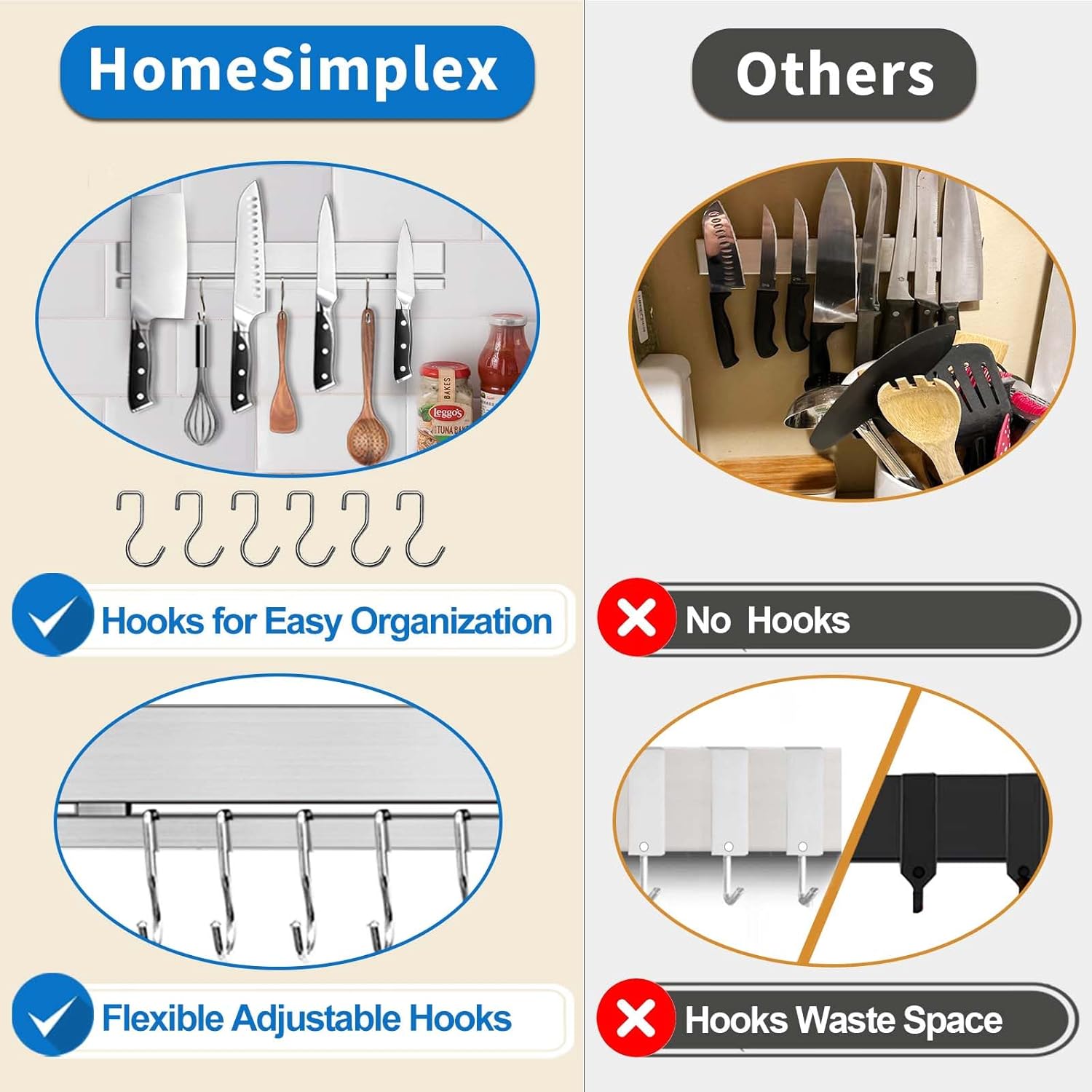 17-Inch No Drill Magnetic Knife Holder with 12 Hooks