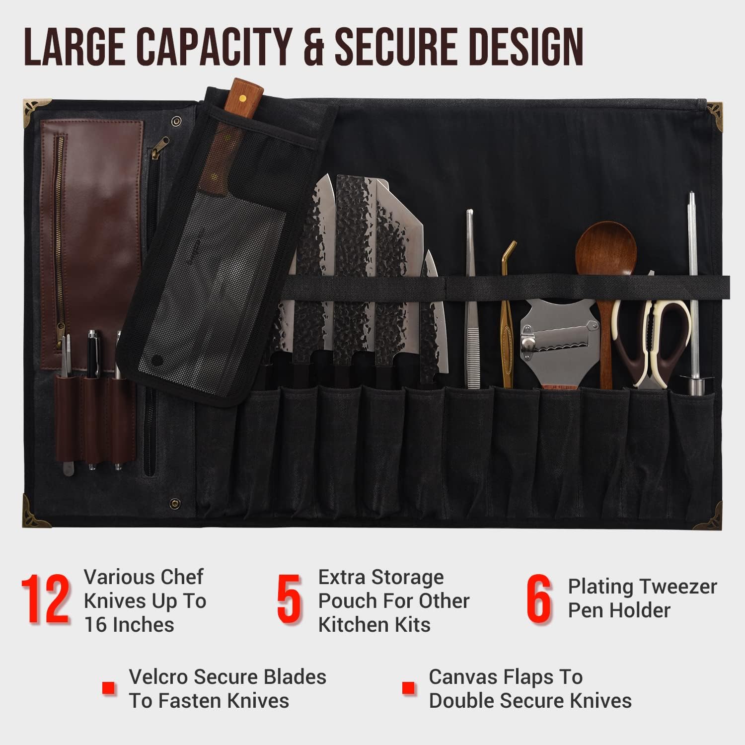 Elegant Chef Knife Roll Bag - 12 Slots Sizes Quality Warranty