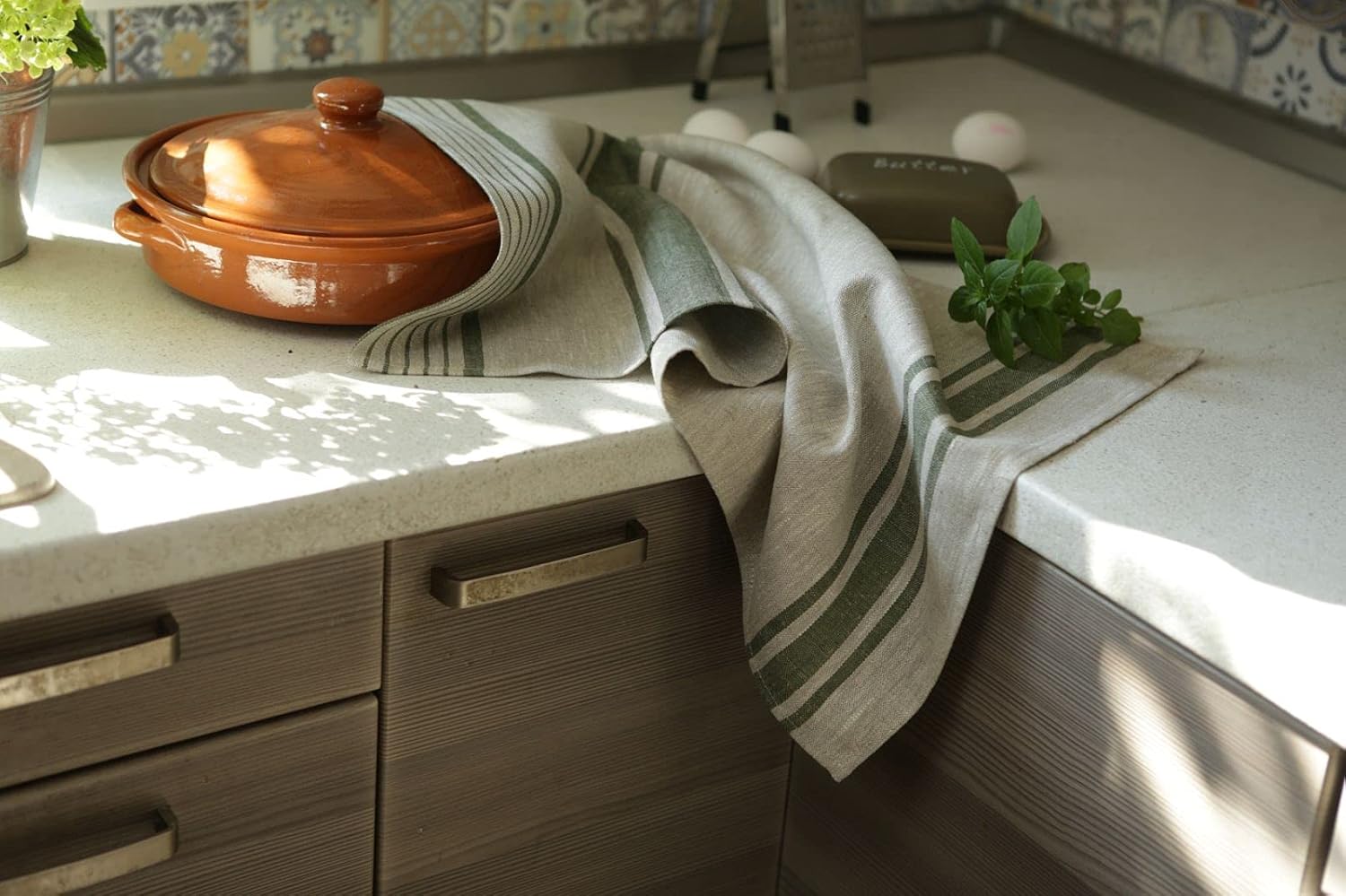 Hand-crafted linen tea towel Irish green style