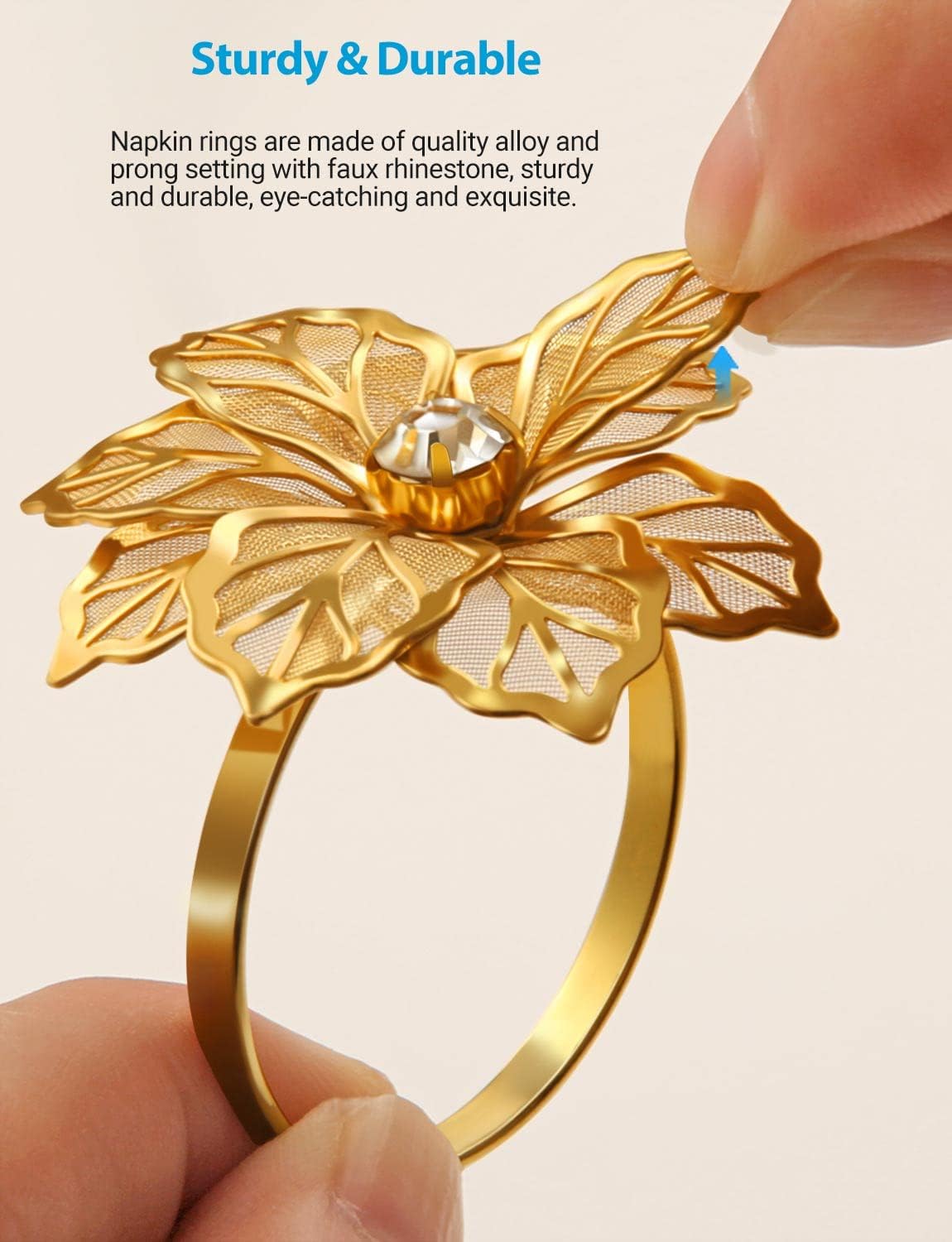Stylish 12-Piece Flower Napkin Rings with Rhinestone