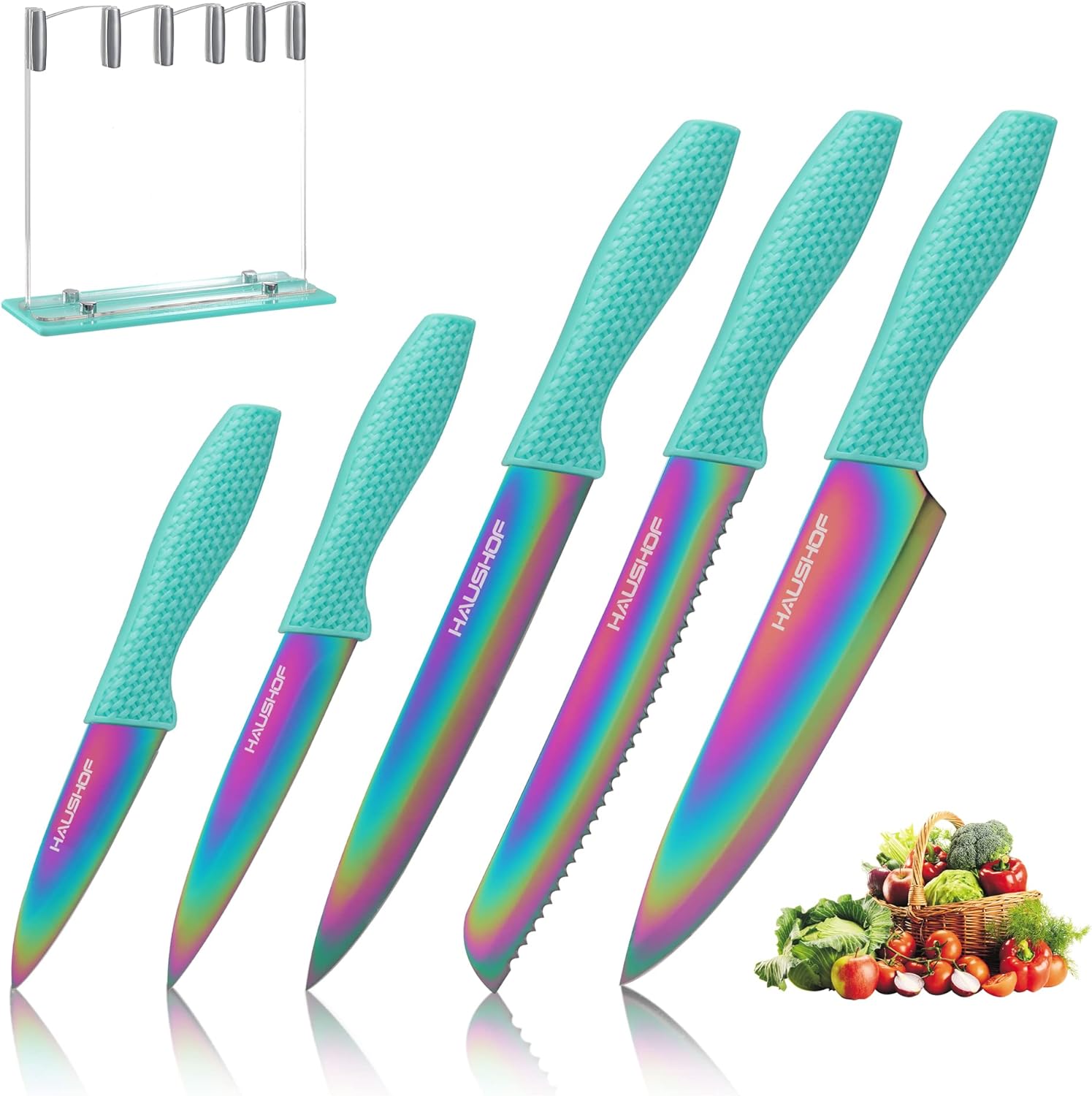 HAUSHOF 5 Piece Rainbow Knife Set with Acrylic Block