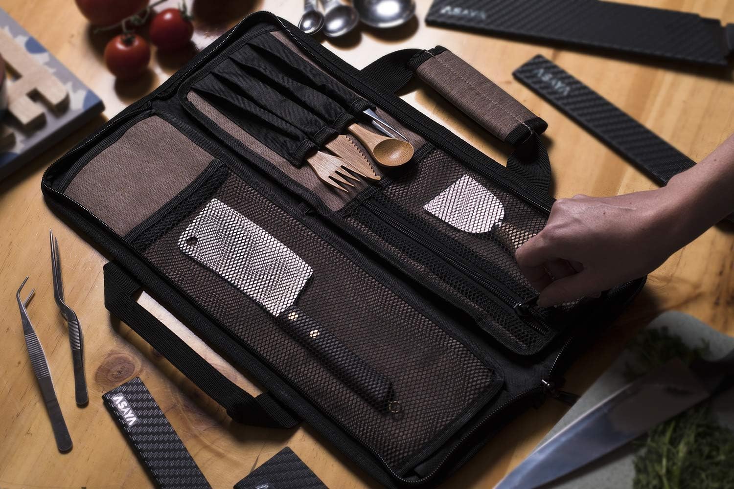 Asaya Chef Knife Roll Bag - 12 Pockets Lightweight Durable Stain Resistant