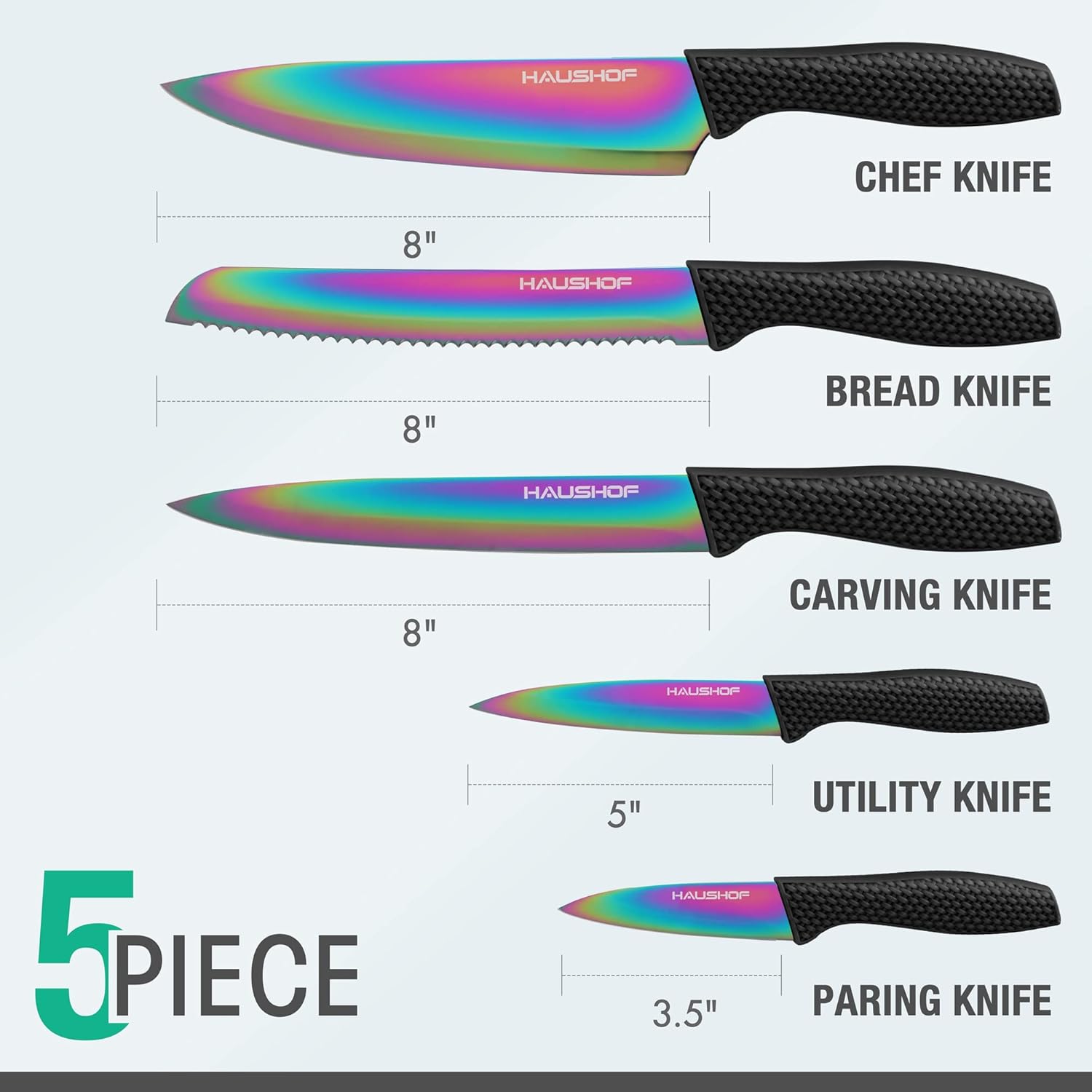 HAUSHOF Professional Kitchen Knife Set 5 Pieces Rainbow Design