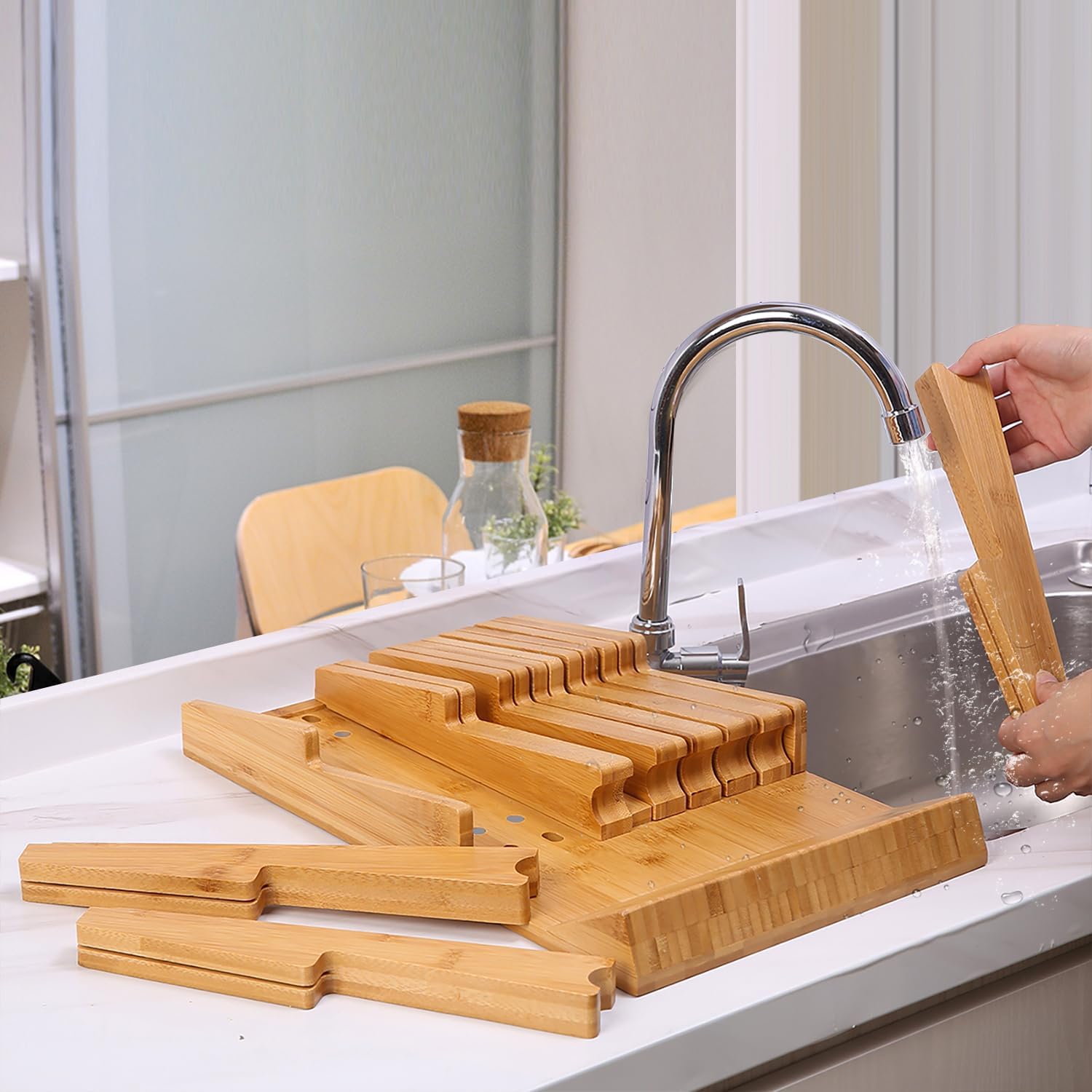BBAMKnife Organizer with Sharpener Detachable Bamboo Knife Block for 16 Knives