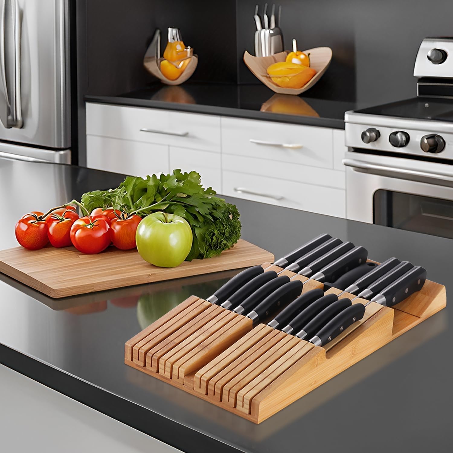 BBAMKnife Organizer with Sharpener Detachable Bamboo Knife Block for 16 Knives